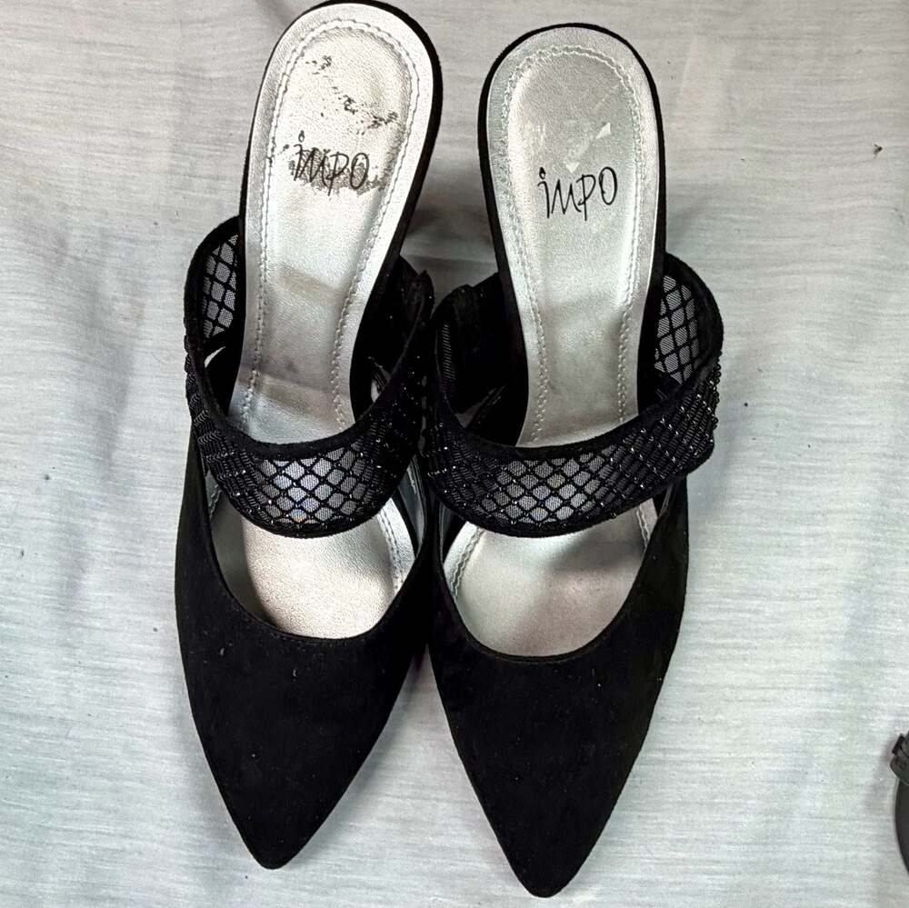 Impo Black Suede Pointed Toe High Heel Mules with Mesh Strap
